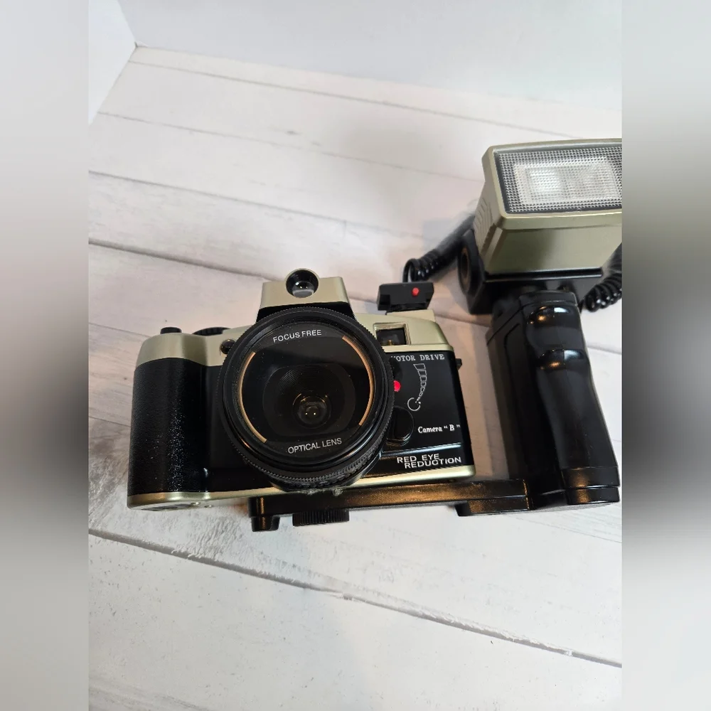 Vintage 35mm Film Camera with External Flash - Olive Green & Black